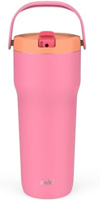 Zak Designs Sutton Travel Tumbler for On the Go, 30oz Stainless Steel with Vacuum Insulation, Straw Spout, Carry Handle for Cold Drinks (So Sweet Pink)