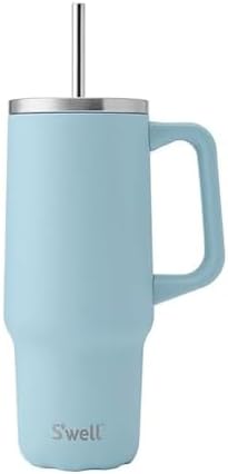 S'well Recycled Stainless Steel Tumbler XL with Straw and Handle, 30oz, Powder Blue, Triple Layered Vacuum Insulated Container Keeps Drinks Cold 36 hours and Hot for 9, BPA Free