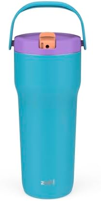 Zak Designs Sutton Travel Tumbler for On the Go, 30oz Stainless Steel with Vacuum Insulation, Straw Spout, Carry Handle for Cold Drinks (Turquoise)