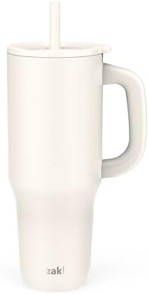 Zak Designs Sutton Travel Tumbler for On the Go, 40oz Stainless Steel with Vacuum Insulation, Silicone Straw, and Carry Handle for Cold Drinks (Cream White)