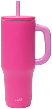 Zak Designs Sutton Travel Tumbler for On the Go, 40oz Stainless Steel with Vacuum Insulation, Silicone Straw, and Carry Handle for Cold Drinks (Razzberry Pink)