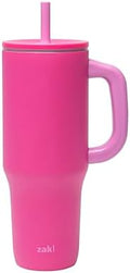 Zak Designs Sutton Travel Tumbler for On the Go, 40oz Stainless Steel with Vacuum Insulation, Silicone Straw, and Carry Handle for Cold Drinks (Razzberry Pink)