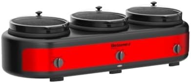 Elite Gourmet EWMST-325R Triple Slow Cooker Buffet Server, 3 x 2.5 Qt, Red