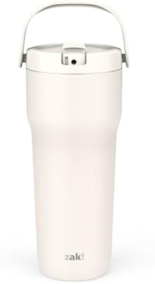 Zak Designs Sutton Travel Tumbler for On the Go, 30oz Stainless Steel with Vacuum Insulation, Straw Spout, Carry Handle for Cold Drinks (Cream White)