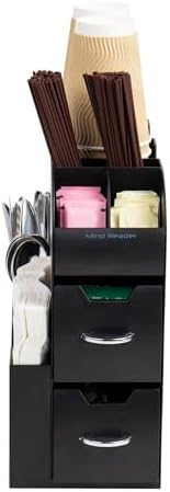 Mind Reader Cup and Condiment Station, Countertop Organizer, Coffee Bar, Kitchen, Stirrers, 5.35"W x 11.25"L x 11.15"H, Black