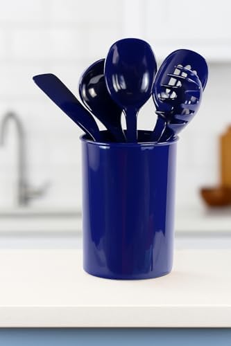 Reston Lloyd 6 Piece Kitchen Utensil Holder for Kitchen Counter, Utensils Crock with Heat Resistant Spoon, Slotted Spoon, Ladle, Spatula BPA Free, Indigo