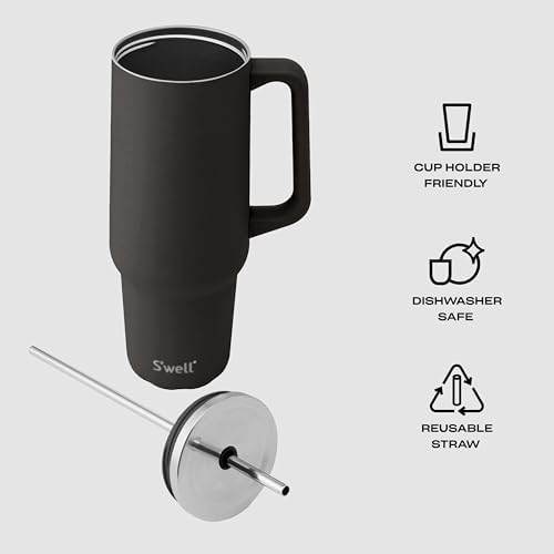 S'well Recycled Stainless Steel Tumbler XL with Straw and Handle, 40oz, Onyx, Triple Layered Vacuum Insulated Container Keeps Drinks Cold 50 hours and Hot for 10, BPA Free