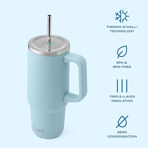 S'well Recycled Stainless Steel Tumbler XL with Straw and Handle, 30oz, Powder Blue, Triple Layered Vacuum Insulated Container Keeps Drinks Cold 36 hours and Hot for 9, BPA Free