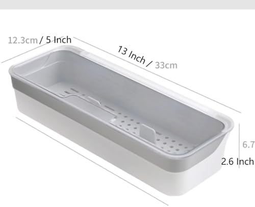 Plastic Kitchen Drawer Organizer with Lid and Drainer Stackable Utensil Holder for Countertop Silverware Tray White Flatware Organizers - 12.6x4.7x2.4 Inch Storage Box Spatula Cutlery Tray