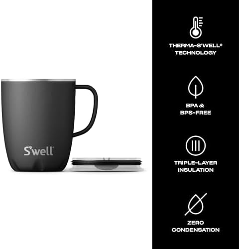 S’well Stainless Steel Travel Mug with Handle - 16oz - Onyx - Triple-Layered Vacuum-Insulated Container Designed to Keep Drinks Cold for 10 Hours and Hot for 3 - BPA-Free Water Bottle