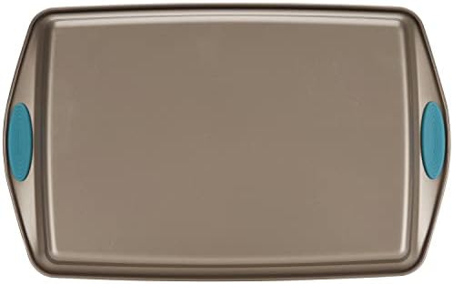 Rachael Ray Cucina Nonstick Bakeware Set with Grips, Nonstick Cookie Sheet / Baking Sheet and Crisper Pan - 2 Piece, Latte Brown with Agave Blue Handle Grips