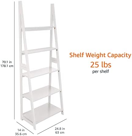 Amazon Basics 5-Tier Ladder Bookshelf Storage Organizer for Small Space, Easy to Assemble, Solid Rubberwood Frame, White Finish, 14D x 24.8W x 70.1H in