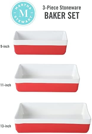 MARTHA STEWART 3-Piece Oven to Table Stoneware Bakeware Set – Baking Dish & Casserole Set – Red – Durable Oven-Safe Bakeware for Baking and Serving