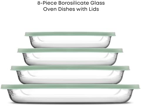 JoyJolt 8-Piece Borosilicate Glass Oven Dishes with Sage Green Lids, Rectangle Deep Glass Baking Dish Set, Baking Pans for Lasagna Casserole Cake, Bakeware Set, Freezer to Oven Tray to Dishwasher