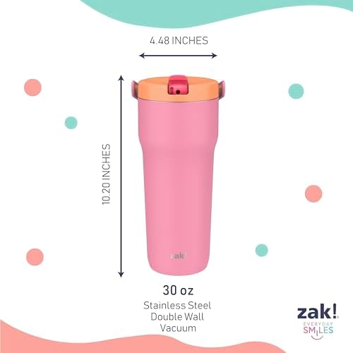 Zak Designs Sutton Travel Tumbler for On the Go, 30oz Stainless Steel with Vacuum Insulation, Straw Spout, Carry Handle for Cold Drinks (So Sweet Pink)