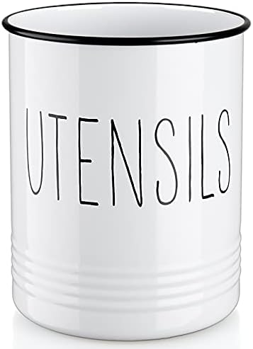 Bivvclaz Kitchen Utensil Holder, 6.7" Utensil Holder for Kitchen Counter, Cooking Utensil Crock with Cork Bottom, Modern Farmhouse Decor, Countertop Utensil Storage Caddy Organizer, White