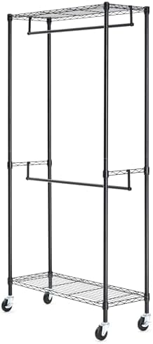 Amazon Basics Adjustable Double Rod Rolling Garment Rack, Hanging Clothes Closet Organizer with Wheels, Heavy Duty, 36" x 14" x 72", Black