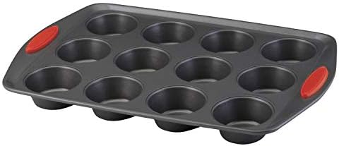 Rachael Ray Yum-o! Nonstick Bakeware 12-Cup Muffin & Cupcake Tin With Grips - Gray with Red Grips