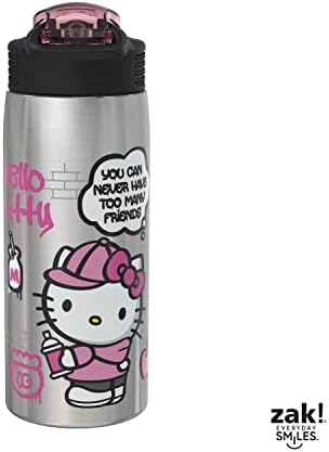 Zak Designs Sanrio Water Bottle for Travel and At Home, 19 oz Vacuum Insulated Stainless Steel with Locking Spout Cover, Built-In Carrying Loop, Leak-Proof Design (Hello Kitty)
