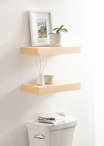 Kate and Laurel Havlock Modern Natural Floating Shelves; Set of 2; 18 x 8; Natural Wood; Mid-Century Bathroom and Kitchen Shelves for Storage and Display Decor