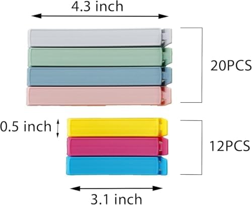 Yarall 32 PCS Plastic Chip Clips for Food Packages, Curved Design Sealing Bag Clips for Food, Kitchen and Home, 2 Sizes(4.3inch x 20, 3.1inch x 12) (Pack of 2)