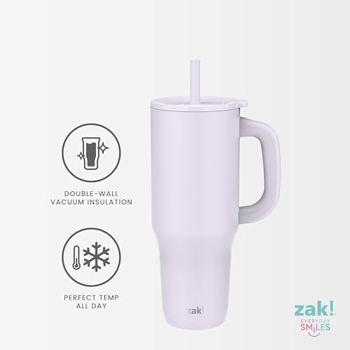 Zak Designs Sutton Travel Tumbler for On the Go, 40oz Stainless Steel with Vacuum Insulation, Silicone Straw, and Carry Handle for Cold Drinks (Razzberry Pink)