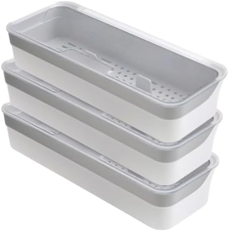 Plastic Kitchen Drawer Organizer with Lid and Drainer Stackable Utensil Holder for Countertop Silverware Tray White Flatware Organizers - 12.6x4.7x2.4 Inch Storage Box Spatula Cutlery Tray