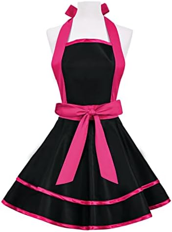 Violet Mist Retro Aprons for Women - Sexy Vintage Black Rose Pink 50s Apron for Halloween, Christmas, Cooking, Kitchen, Housewife, Waitress, Mother's Gift