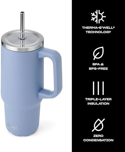 S'well Recycled Stainless Steel Tumbler XL with Straw and Handle, 30oz, Hydrangea Blue, Triple Layered Vacuum Insulated Containers Keeps Drinks Cold for 36 hours and Hot for 9