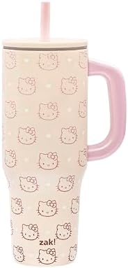 Zak Designs Sanrio Sutton Travel Tumbler for On the Go or At Home, 40oz Stainless Steel with Vacuum Insulation, Silicone Straw, and Carry Handle for Cold Drinks (Hello Kitty)