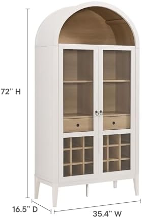 Modway Nolan Modern Farmhouse Arched Bar Cabinet in Ivory Wood Grain - 72 Inch Tall Wine Storage Cabinet with Glass Doors and Wine Rack - Large Liquor Cabinet for Dining or Living Room