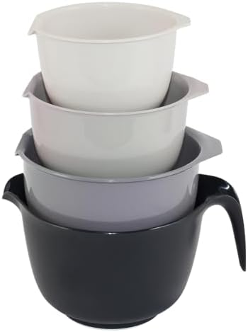 Glad Mixing Bowls with Pour Spout, Set of 4 - Nesting Plastic Bowls (1.2qt, 1.9qt, 2.8qt, and 3qt with Handle) - Non Slip Base, Dishwasher Safe Kitchen Cooking and Baking Supplies, Grey
