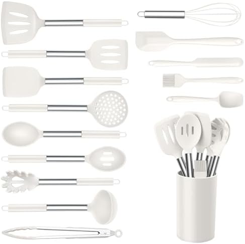 Onader Silicone Kitchen Utensils Set, 15pcs White Silicone Cooking Utensils Set with Holder, Includes Heat Resistant Spatula Turner Spoon Whisk Tong
