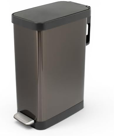 Glad Stainless Steel Slim Trash Can with Clorox Odor Protection - Narrow Kitchen Garbage Bin with Soft Close Lid, Step On Foot Pedal and Waste Bag Roll Holder, Pewter, 12 Gallon/45 Liter