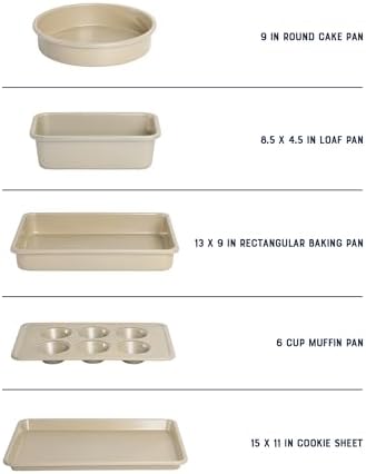 Oster Verlice 5 Piece Carbon Steel Baking Pans Bakeware Set W/Premium PFA Free Nonstick - Champagne Gold