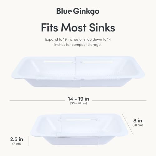 Blue Ginkgo Over Sink Colander, Extendable Kitchen Strainer, White