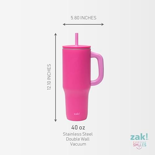 Zak Designs Sutton Travel Tumbler for On the Go, 40oz Stainless Steel with Vacuum Insulation, Silicone Straw, and Carry Handle for Cold Drinks (Razzberry Pink)