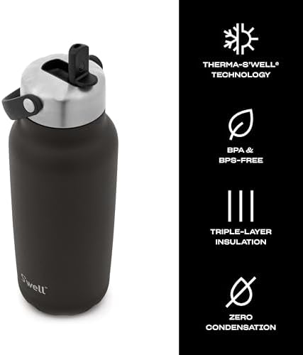 S'well Recycled Stainless Steel Explorer with Flip Straw Lid, 32oz, Onyx, Triple Layered Vacuum Insulated Containers Keeps Drinks Cold for 42 Hours and Hot for 10