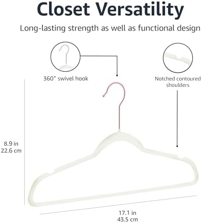 Amazon Basics Slim Velvet Non-Slip Space Saving Suit Clothes Hangers, Closet Organizer, Sturdy Construction, Ivory/Rose Gold, 50-Pack
