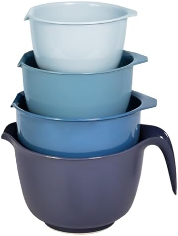 Glad Mixing Bowls with Pour Spout, Set of 4 - Nesting Plastic Bowls (1.2qt, 1.9qt, 2.8qt, and 3qt with Handle) - Non Slip Base, Dishwasher Safe Kitchen Cooking and Baking Supplies, Blue