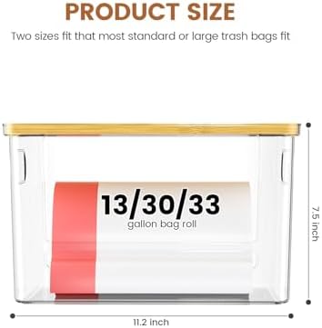 Trash Bag Dispenser 2-Pack, Stackable Trash Bag Holder with Bamboo Lid – Clear Plastic Garbage Bag Organizer for 13/30/33 Gal Bags, Space-Saving Under Sink Organizer for Kitchen, Laundry, Pantry