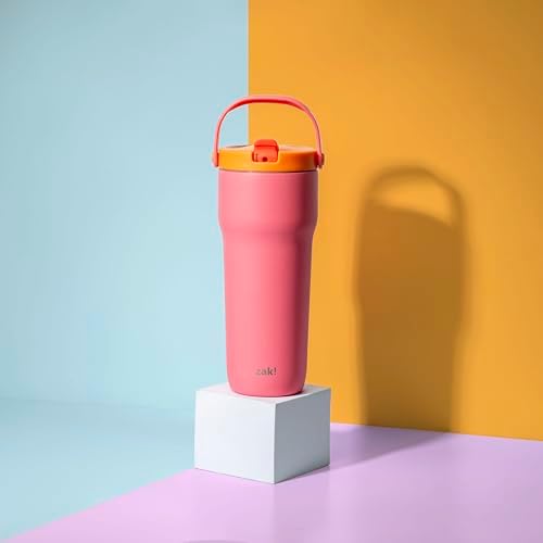 Zak Designs Sutton Travel Tumbler for On the Go, 30oz Stainless Steel with Vacuum Insulation, Straw Spout, Carry Handle for Cold Drinks (So Sweet Pink)