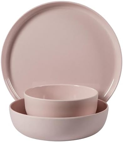 Gibson Home Candy Skies 12 Piece Unbreakable Wheat Straw Melamine Plates and Bowls Dinnerware Set - Outdoor, Camping, & Everyday Use - Matte Exterior/Shiny Interior Pink