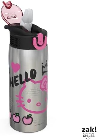 Zak Designs Sanrio Water Bottle for Travel and At Home, 19 oz Vacuum Insulated Stainless Steel with Locking Spout Cover, Built-In Carrying Loop, Leak-Proof Design (Hello Kitty)