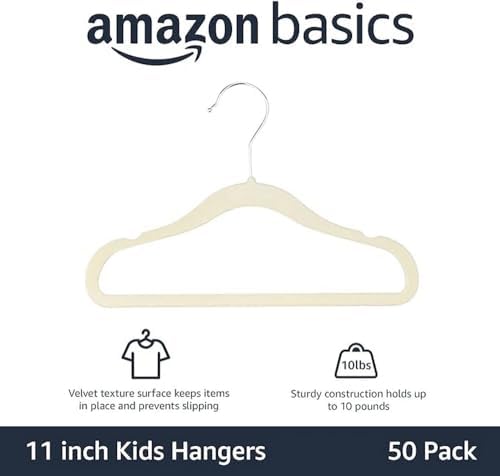 Amazon Basics Kids Space Saving Velvet Non-Slip Clothes Hangers with Shoulder Notches for Infant and Toddler, 11.6", Beige, 50-Pack