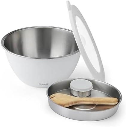 S'well Stainless Steel Salad Bowl Kit XL 184oz, Angel Food, Includes 5oz Canister For Dressing, Serving Utensils, and Removable Tray, Leakproof, Easy to Clean, Dishwasher and Refrigerator Safe