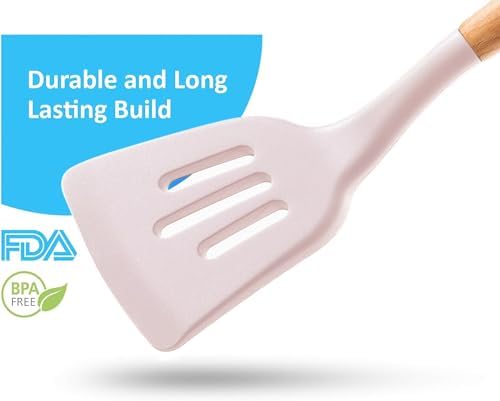 Silicone Cooking Utensils Set 6 Piece – Heat Resistant up to 480°F, BPA Free & Non-Scratch Kitchen Tools with Natural Wood Handles, White