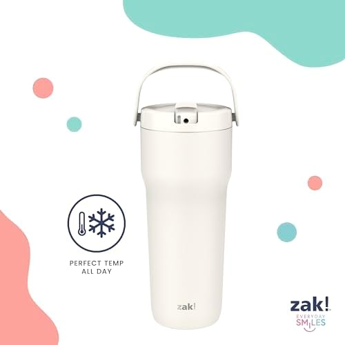 Zak Designs Sutton Travel Tumbler for On the Go, 30oz Stainless Steel with Vacuum Insulation, Straw Spout, Carry Handle for Cold Drinks (Turquoise)