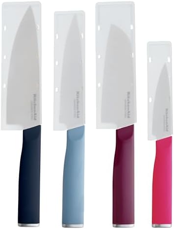 KitchenAid 4-Piece Chef Knife Set with Blade Covers, 6-Inch Chef Knife, 5-Inch Santoku, 5.5-Inch Serrated Utility, 3.5-Inch Paring Japanese Steel, Assorted Colors