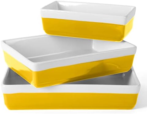 MARTHA STEWART 3-Piece Oven to Table Stoneware Bakeware Set – Baking Dish & Casserole Set – Yellow – Durable Oven-Safe Bakeware for Baking and Serving
